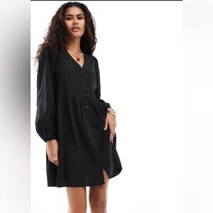 Monki button up mini dress with puff sleeves in black